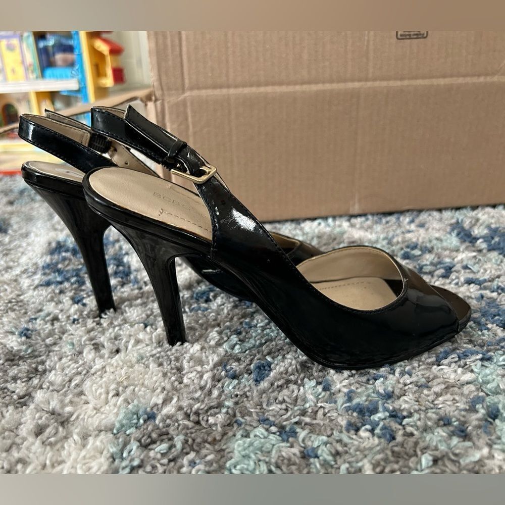 BCBGeneration Black Patent Leather Open Toed High Heels Shoes